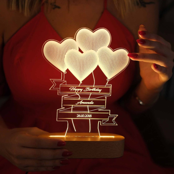 Led 3D Engraving 4 Heart Happy Birthday Stand Frame